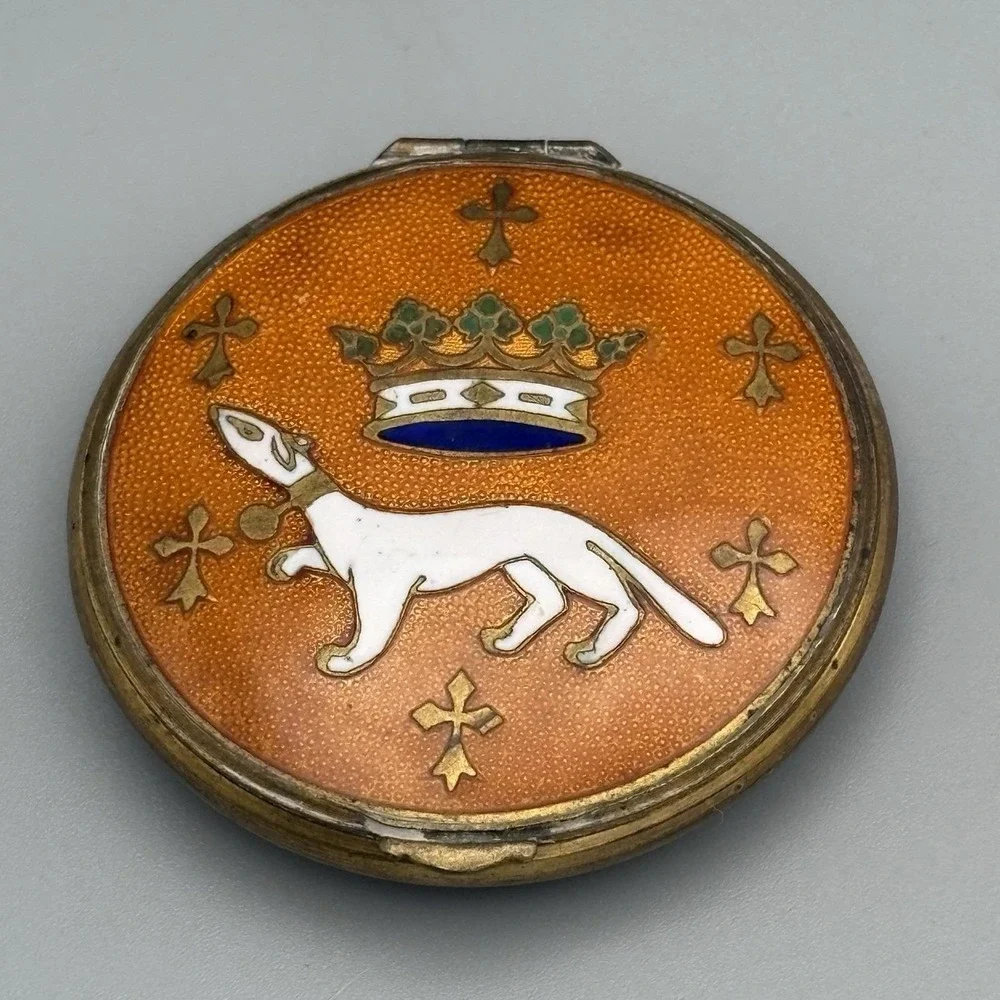 Antique Compact Powder Case French Cloisonné Enamel France Crown Ermine Cross